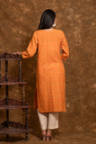 Double Ikkat 3 Piece Suit Orange Ikkat Kurta White Pant Set with contrasting Orange/Green Dupatta