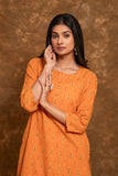 Double Ikkat 3 Piece Suit Orange Ikkat Kurta White Pant Set with contrasting Orange/Green Dupatta