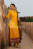 Mustard and mehendi embroidered georgette long kurta churidar dupatta set