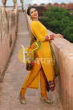 Mustard and mehendi embroidered georgette long kurta churidar dupatta set