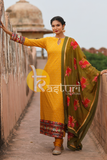 Mustard and mehendi embroidered georgette long kurta churidar dupatta set