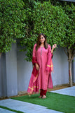 Bhagalpuri katan three piece dupatta suit with embroidered neckline.