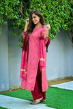 Bhagalpuri katan three piece dupatta suit with embroidered neckline.