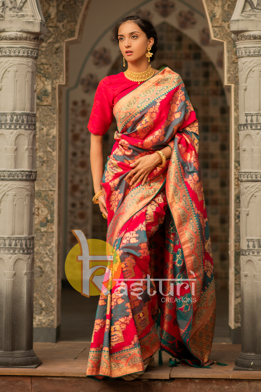 Red and grey traditional banarasi saree