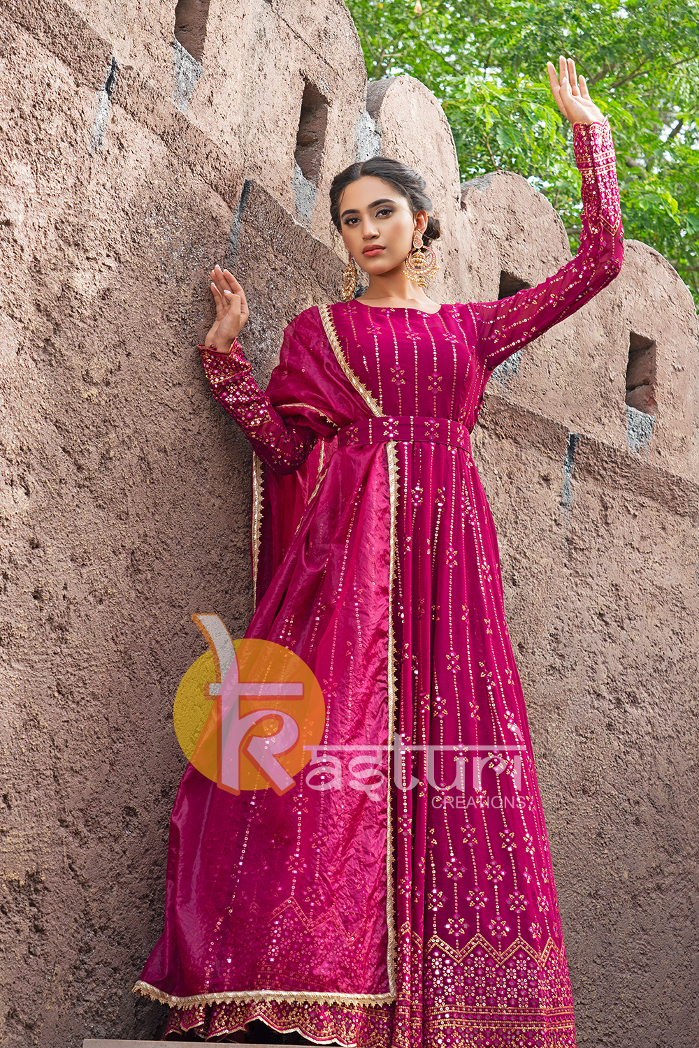 Deep pink embroidered & miror work floor length anarkali gown with dupatta set
