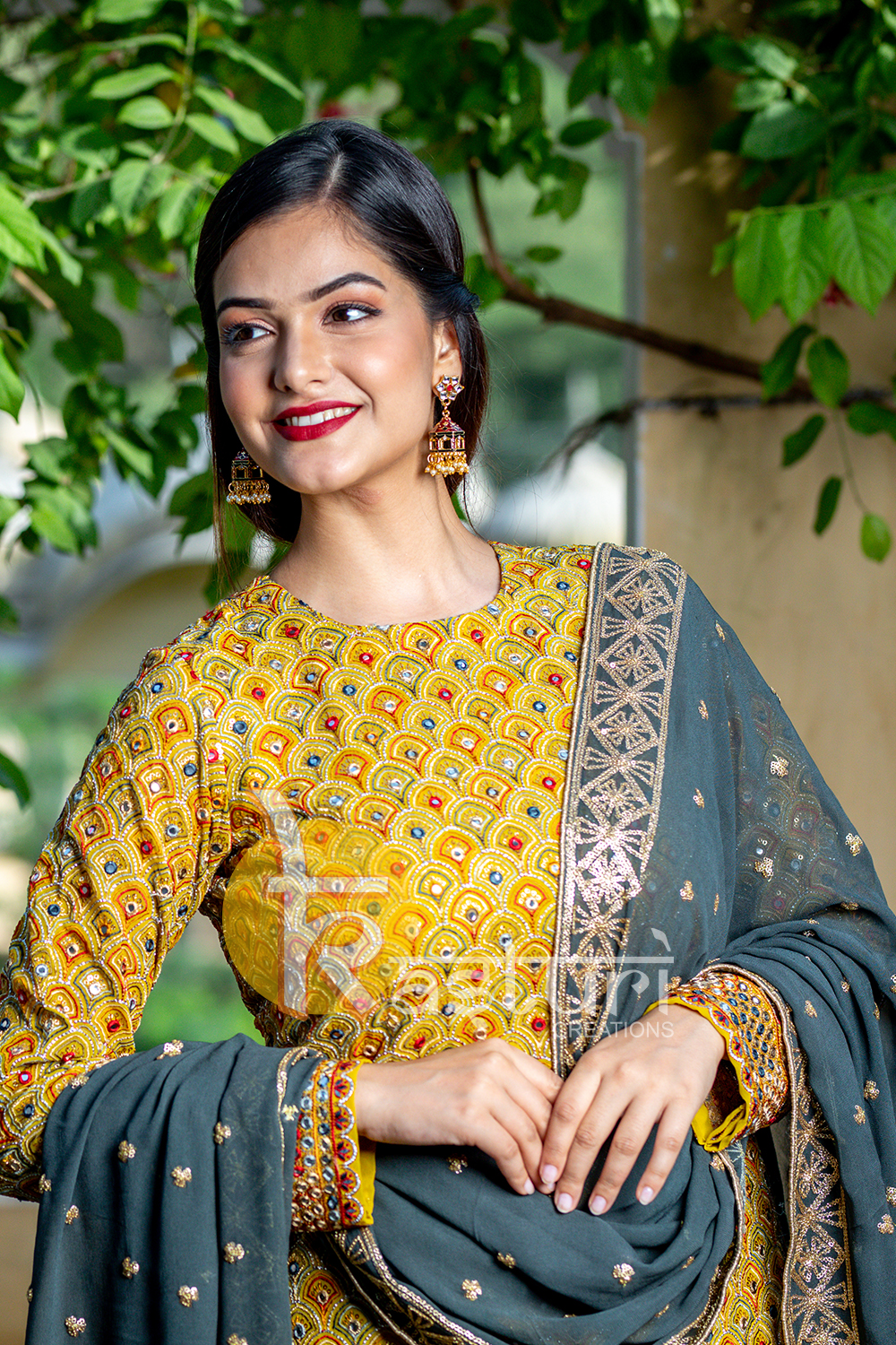 Mustard and blue embroidery georgette kurta and palazzo set