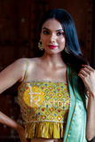 Mustard and green embroidered blouse and silk saree