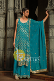 Blue heavy embroidered georgette kurta and palazzo set