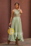 Pistachio green sequins embroided partywear gown dress