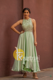 Pistachio green sequins embroided partywear gown dress