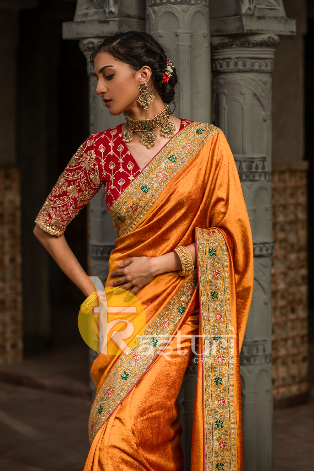 Red yellow embroidered georgette saree