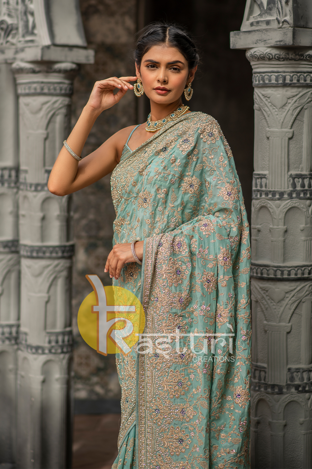 Firozi heavy embroidered georgette saree