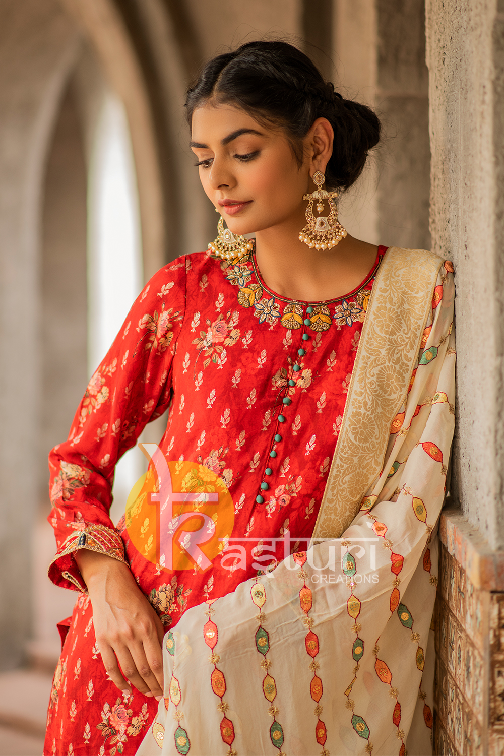 Red heavy embroidered flower print dola silk kurta with churidar set
