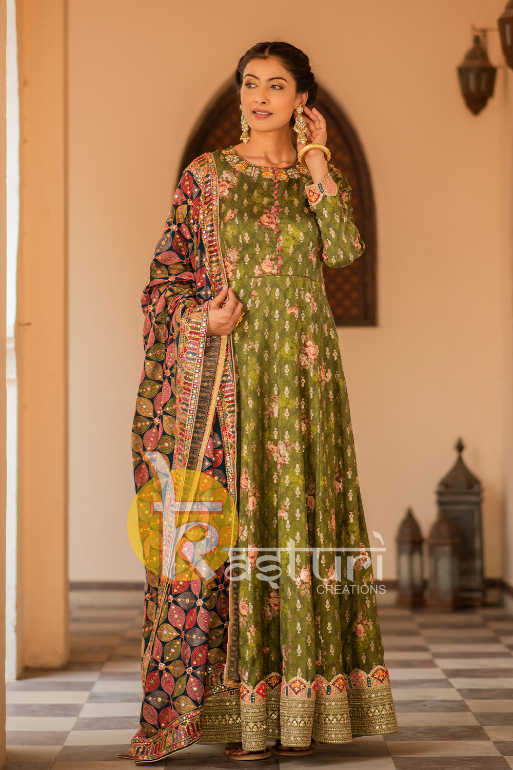 Mehendi and multicolor embroidered full length dola silk anarkali kurta set with dupatta