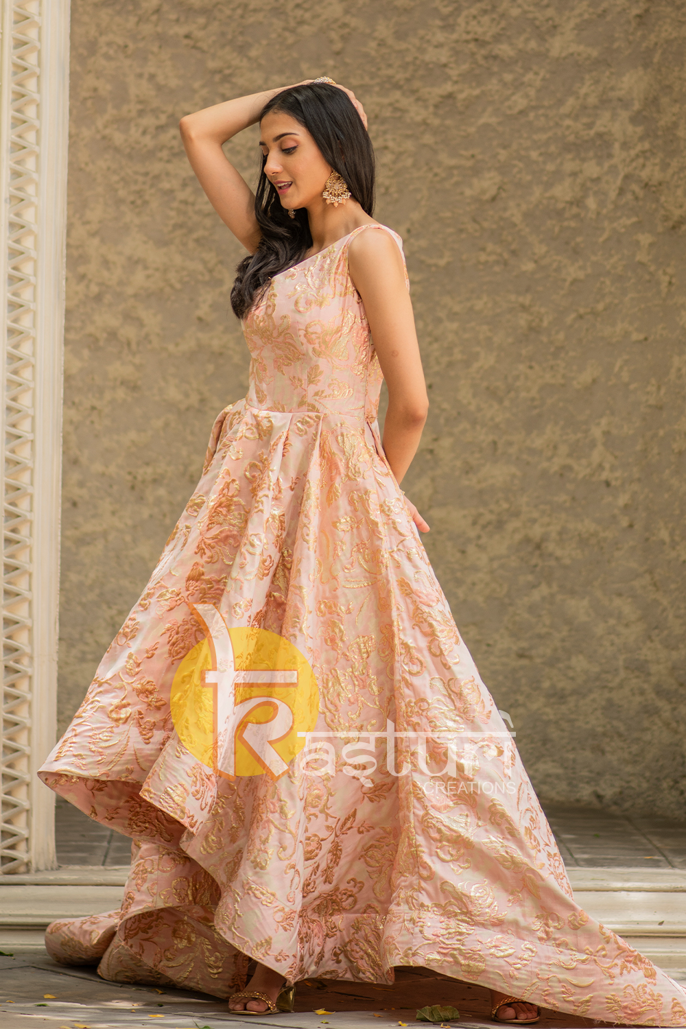 Pink golden embroidered silk party wear gown dress