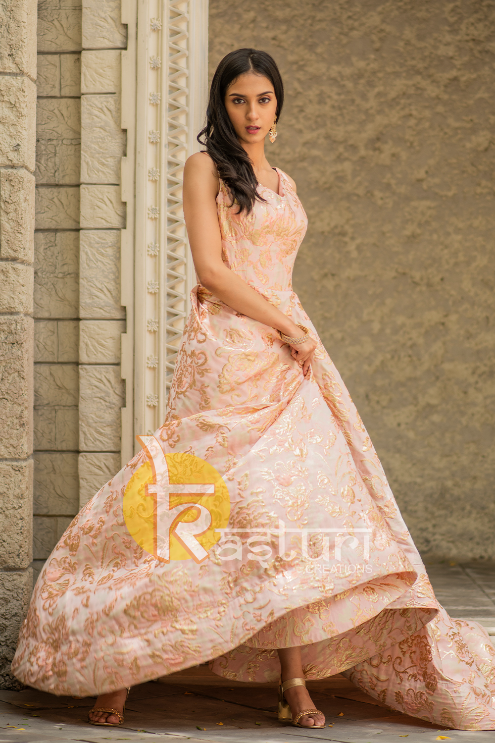 Pink golden embroidered silk party wear gown dress