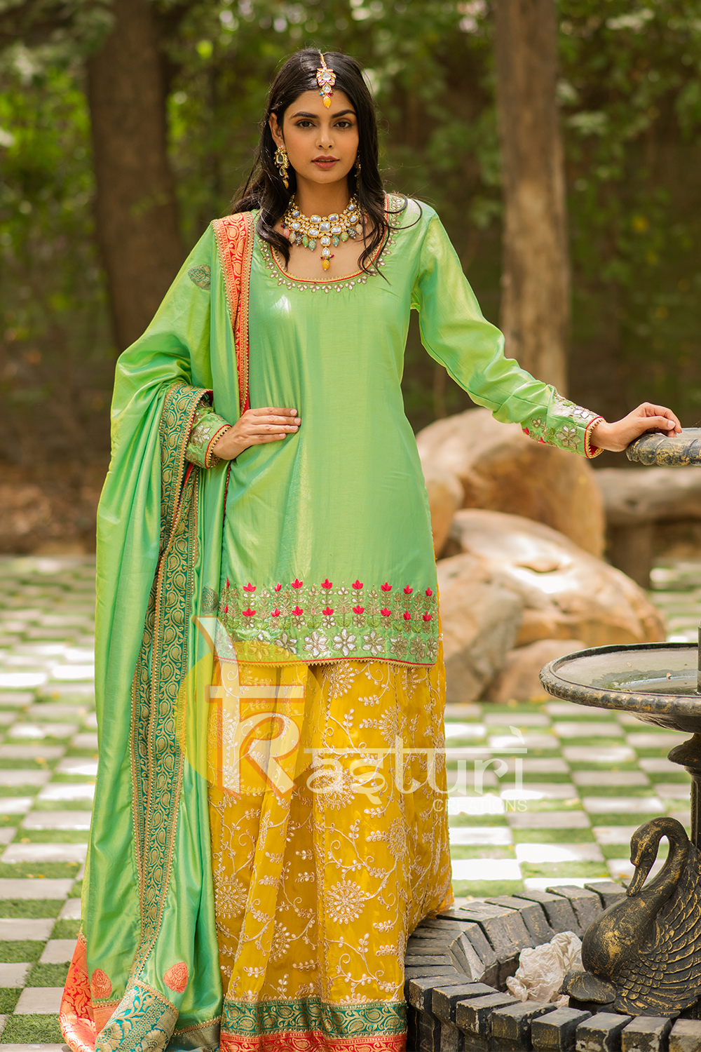 Green and yellow embroidered georgette kurta with lehenga skirt set