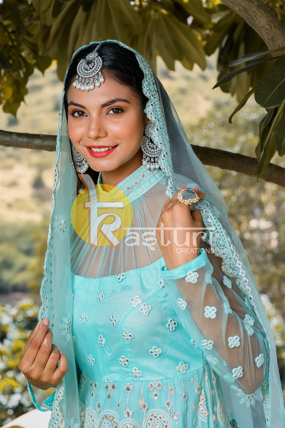 Silver blue embroidered georgette anarkali gown with dupatta