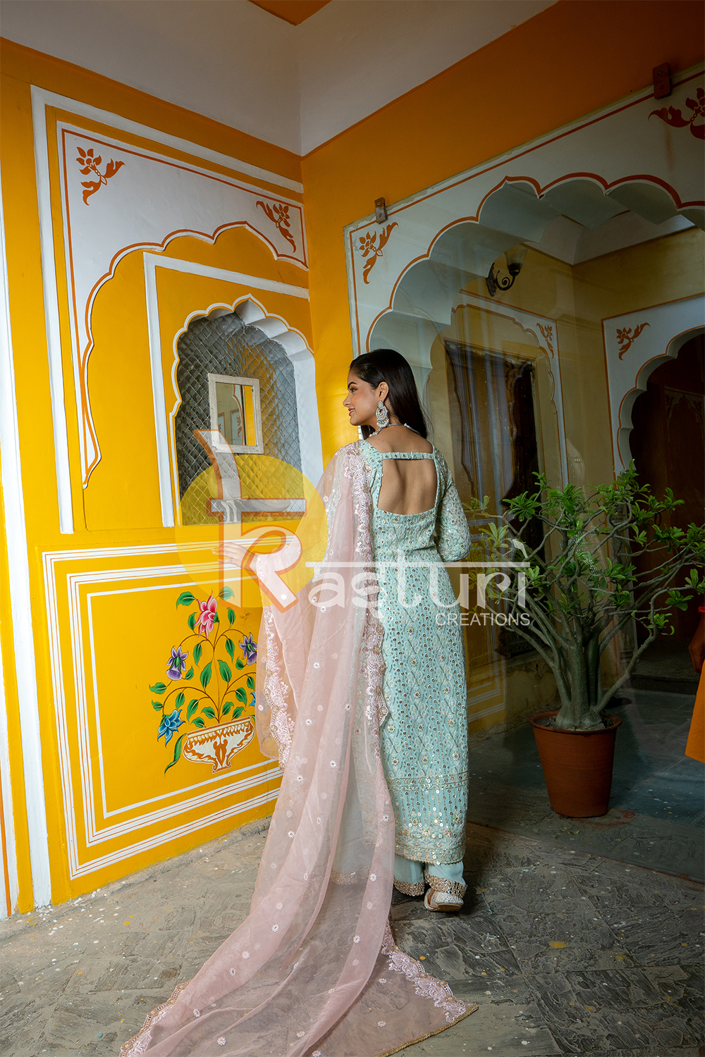 Firozi and pink sequence embroidery georgette kurta and palazzo set