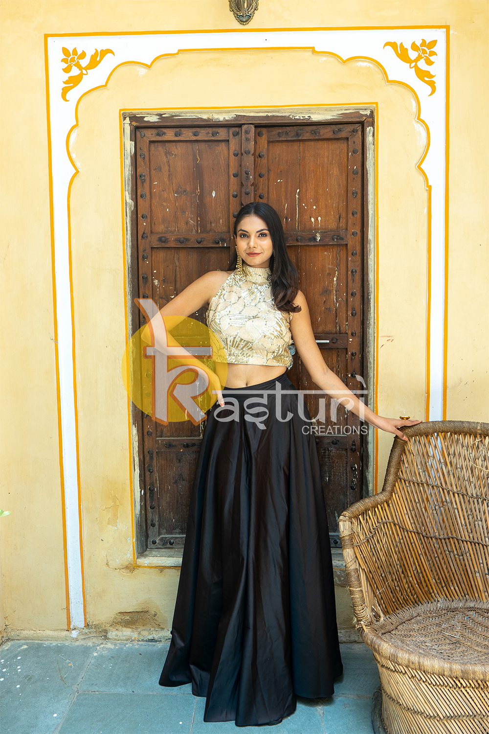 Choco brown and cream embroidered georgette top with skirt in silk