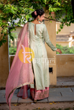 Sea green and pink embroidered flaired silk kurta and palazzo set