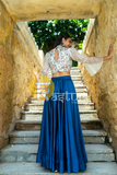 Fox blue and white embroidered georgette top with skirt in silk