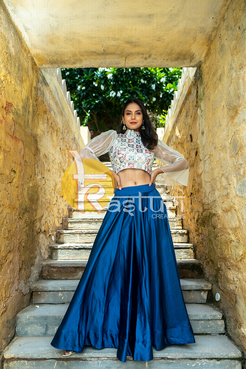 Fox blue and white embroidered georgette top with skirt in silk