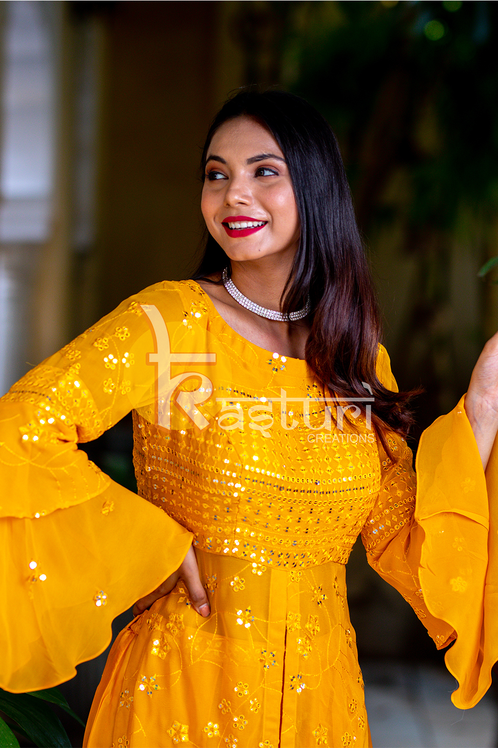 Yellow mirror and resham embroidery kurta with pant set