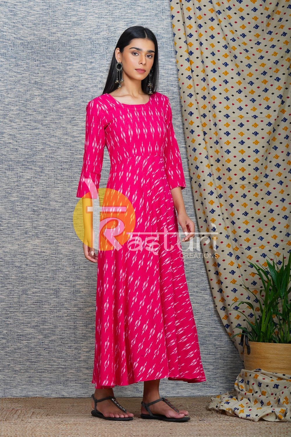 Pink printed cotton flared maxi dress