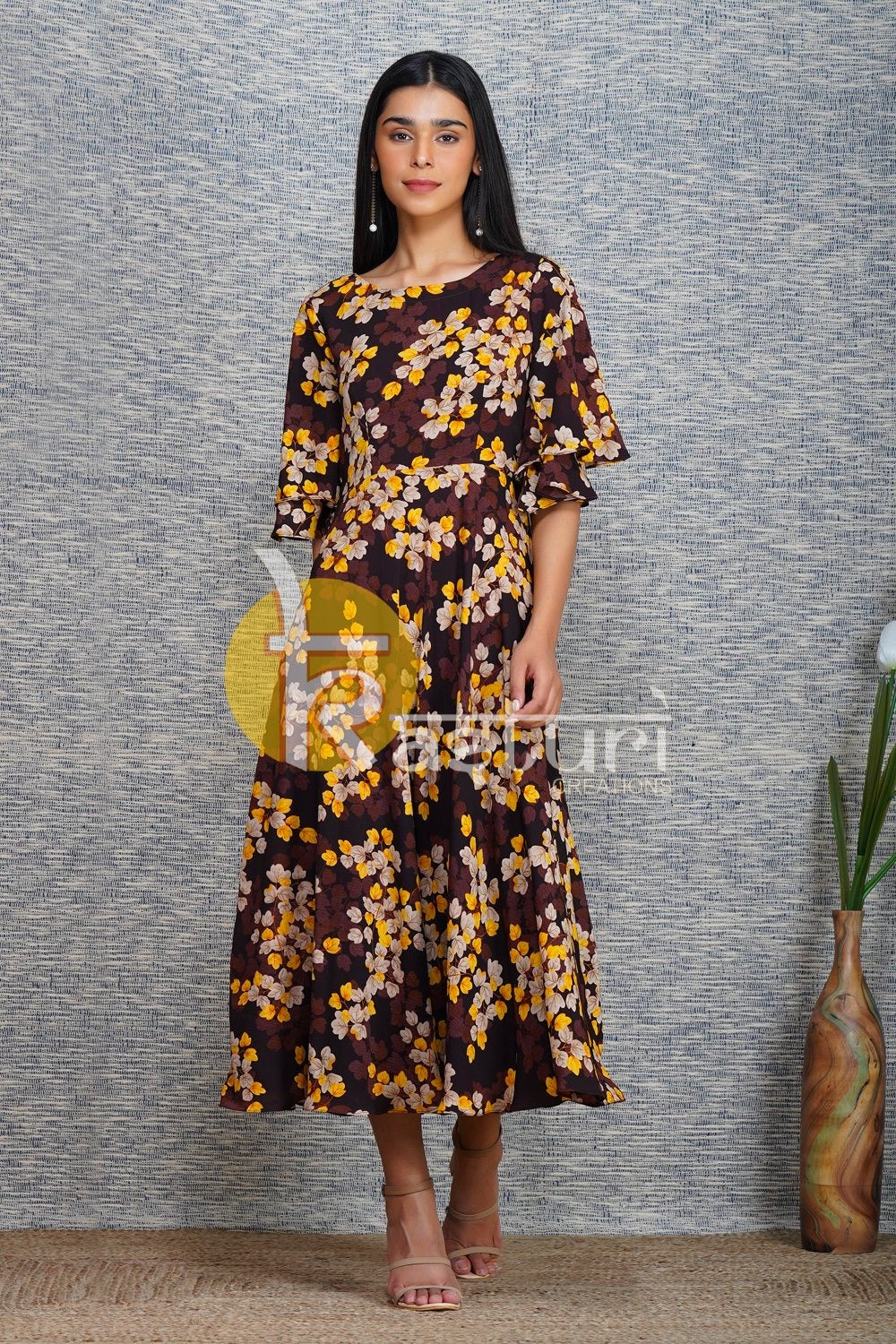 Brown floral printed georgette flared dress