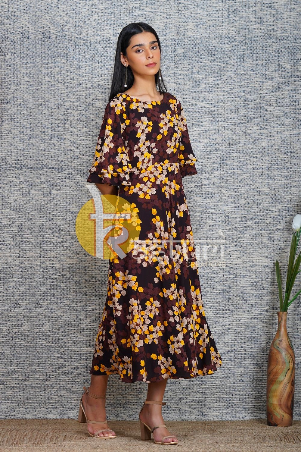 Brown floral printed georgette flared dress