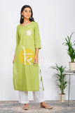 Lime green and white cotton embroidered kurta with pant set