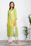 Lime green and white cotton embroidered kurta with pant set