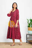 Mehroon printed cotton flared maxi dress