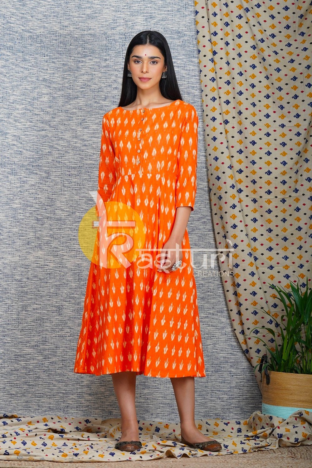 Orange printed cotton a-line dress