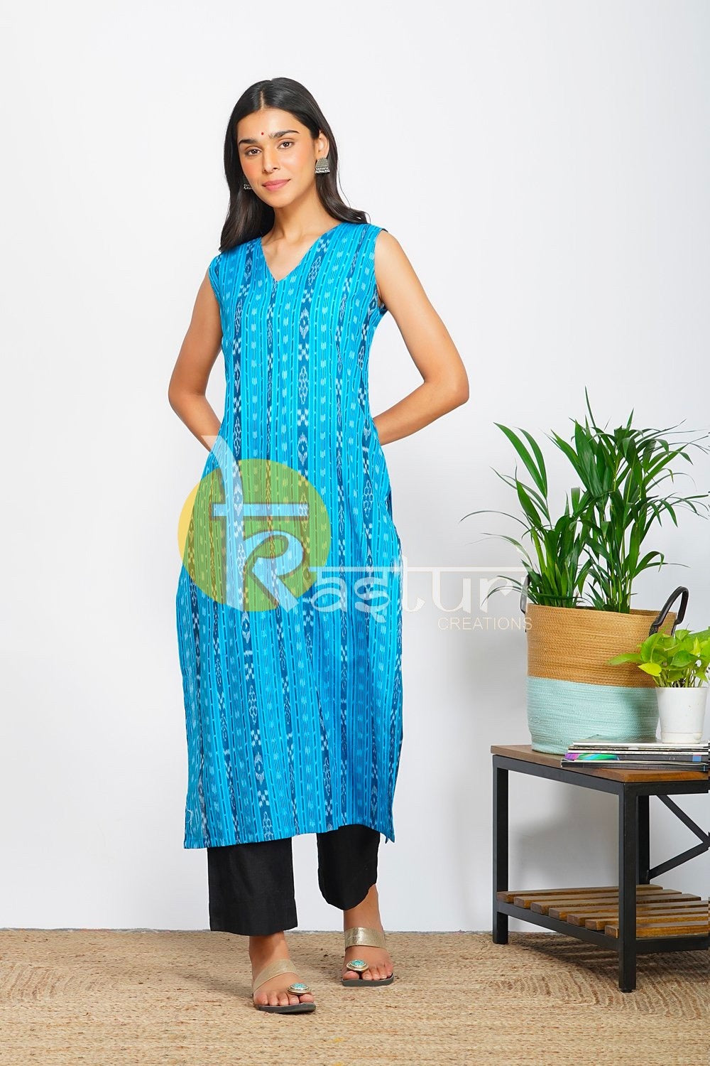 Blue and black printed sambalpuri kurta with pant set
