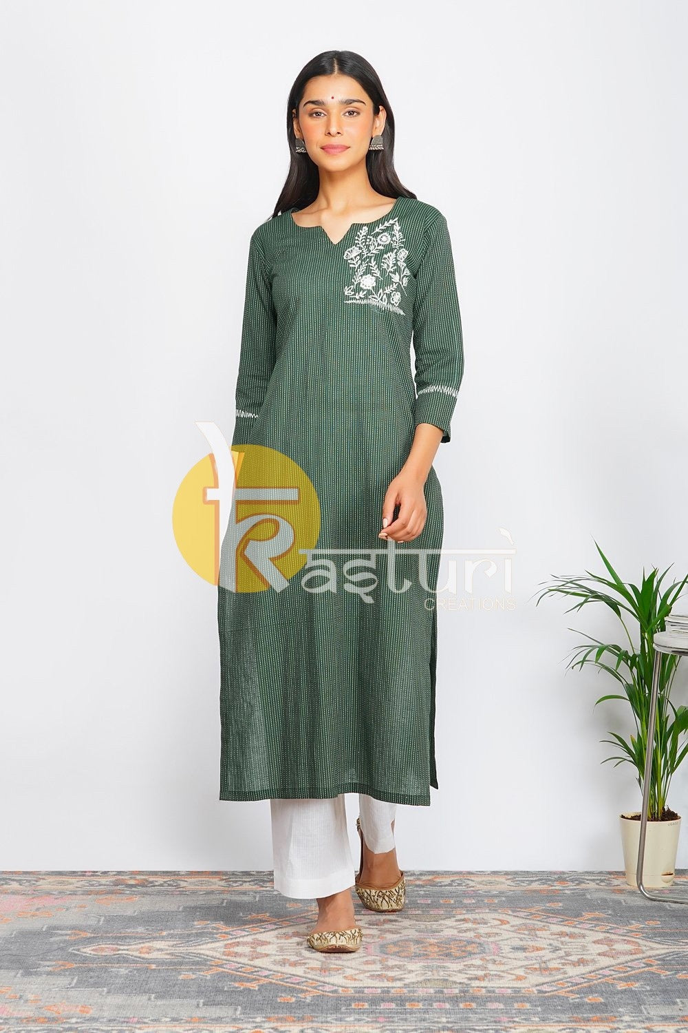 Emrald green and white cotton embroidered kurta with pant set