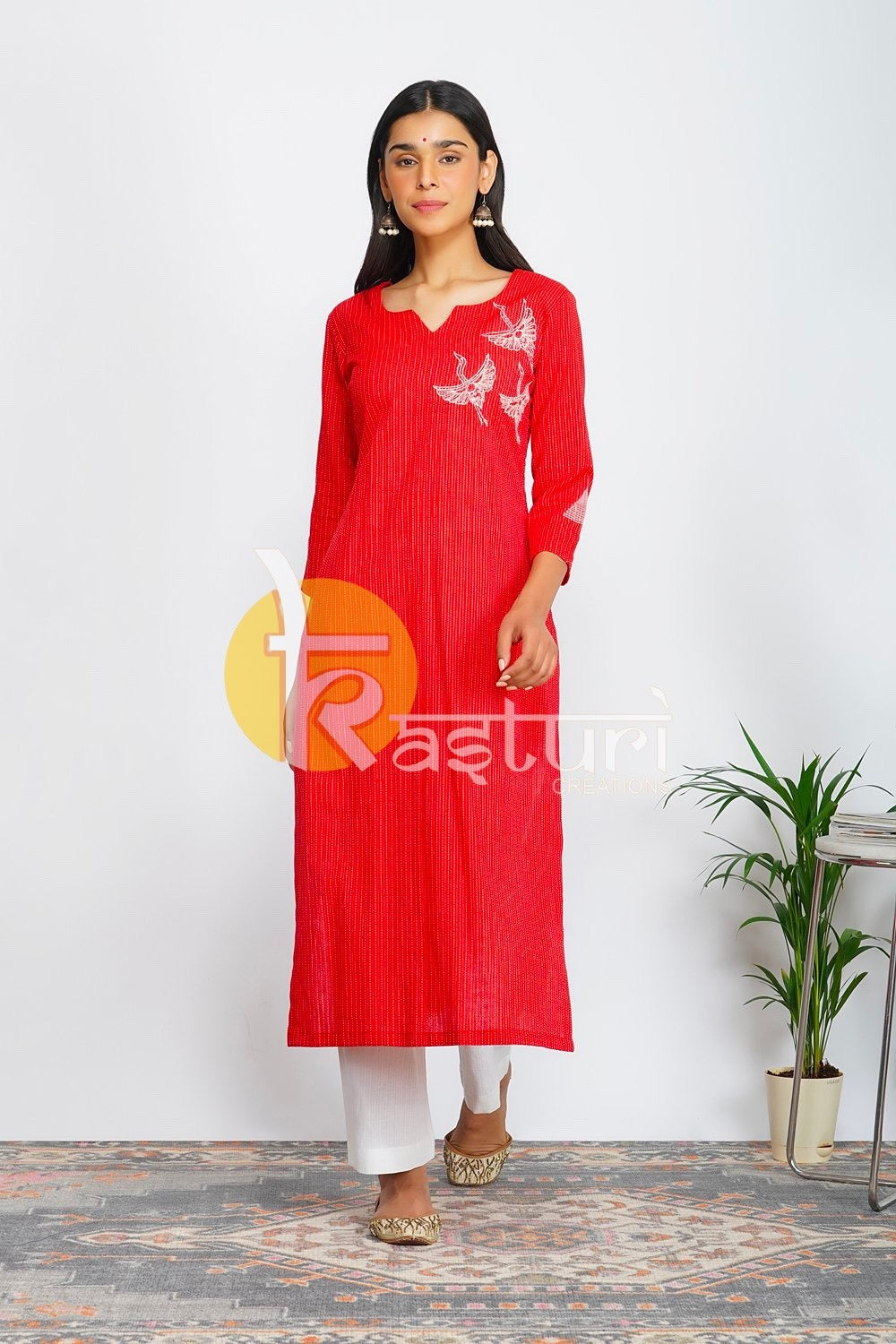 Red and white cotton embroidered kurta with pant set