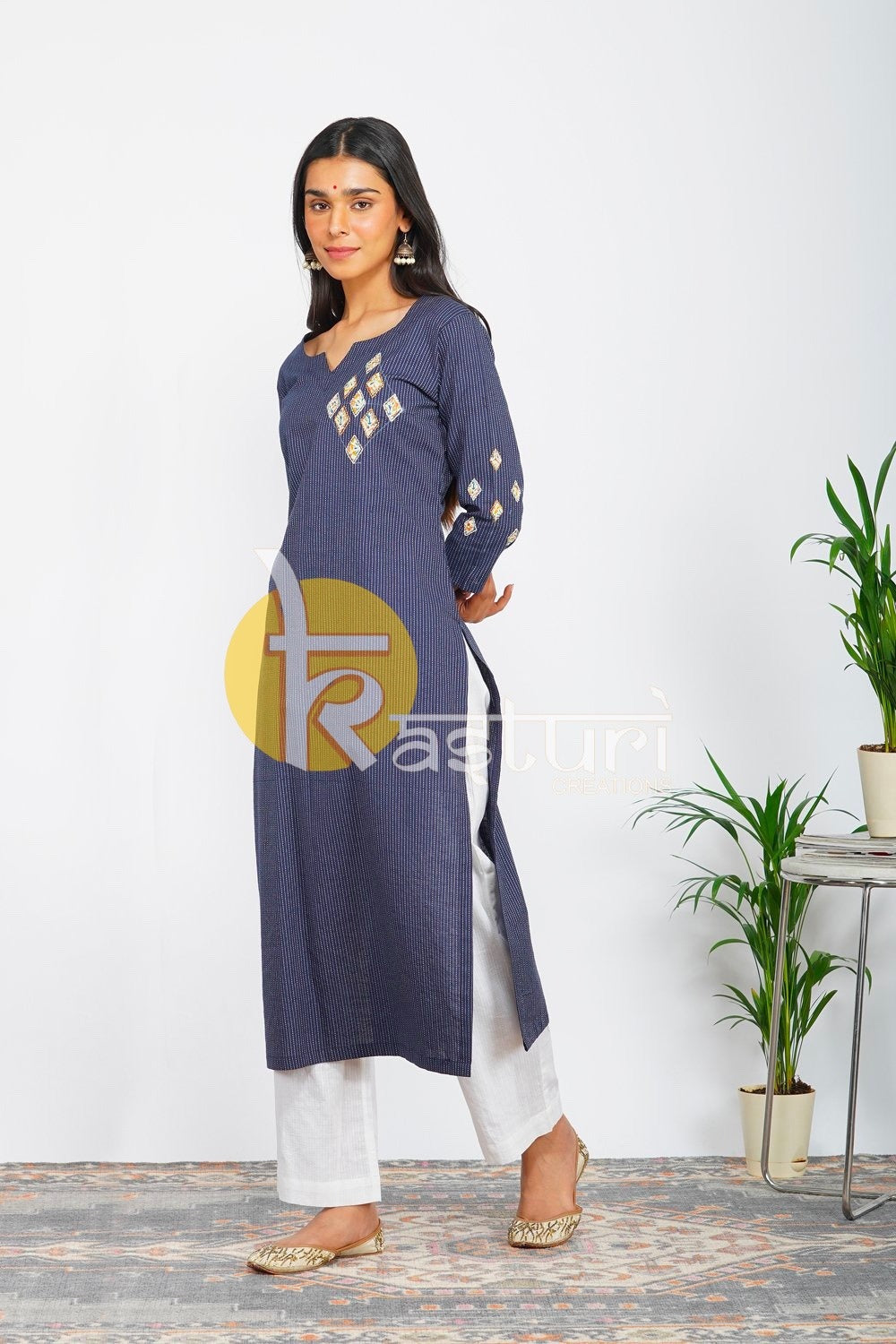 Blue and white cotton embroidered kurta with pant set