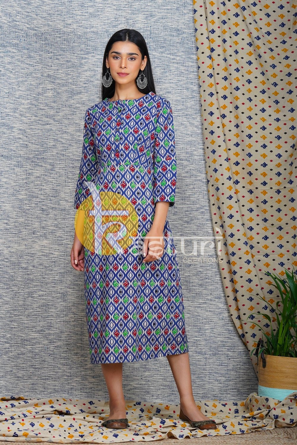 Blue kalamkari print straight a -line cotton dress