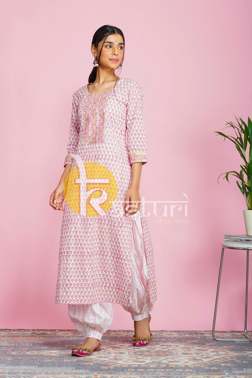 Pink, white printed cotton kurta with salwar suit set