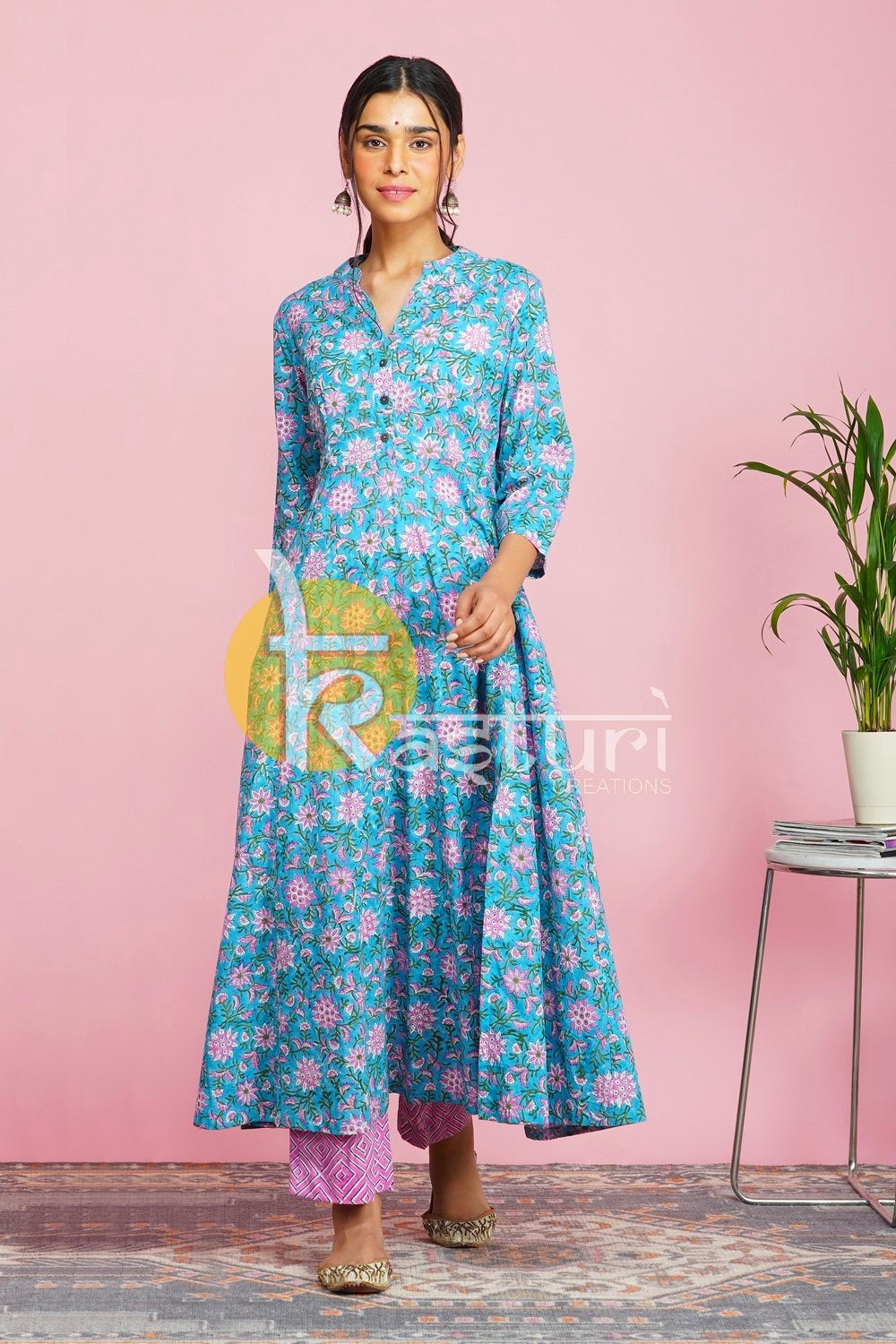 Blue and pink floral printed anarkali kurta with pant set