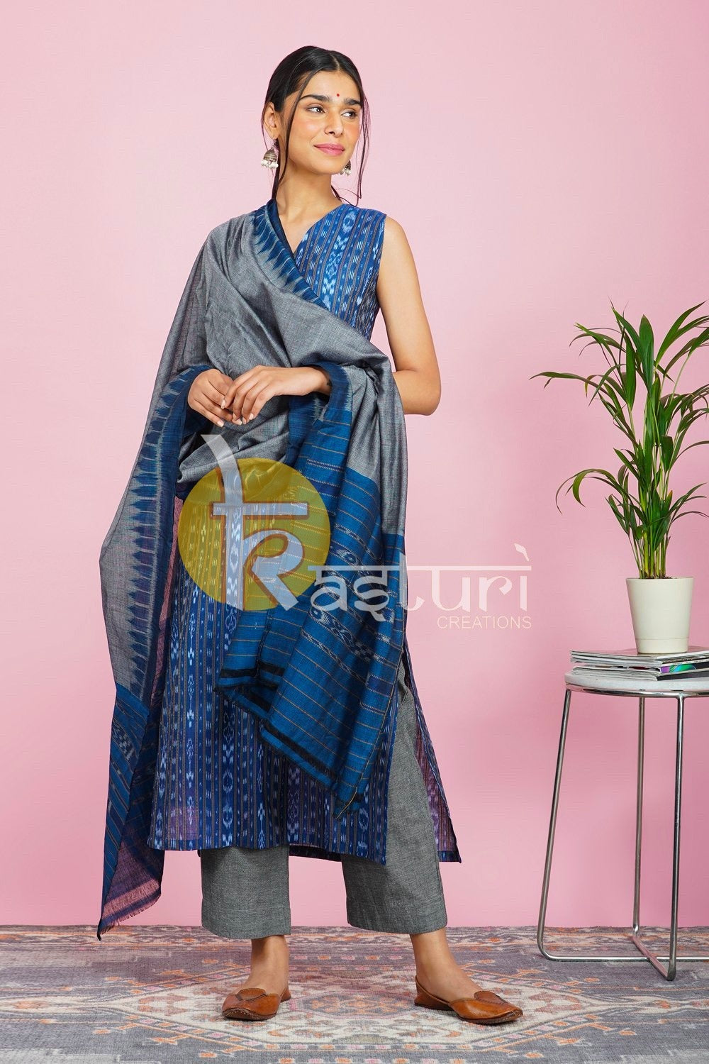Blue and grey printed cotton kurta with pant set