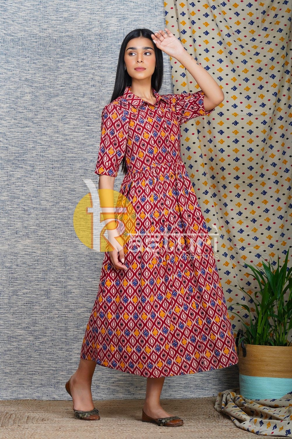Rust kalamkari printed cotton maxi dress