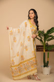 Mustard printed kurta left tie up in front with white printed bottom 3 piece suit set with contrast w/m dupatta.
