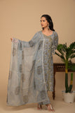 Grey printed kurta with grey printed bottom 3 piece suit set with buttis allover dupatta.
