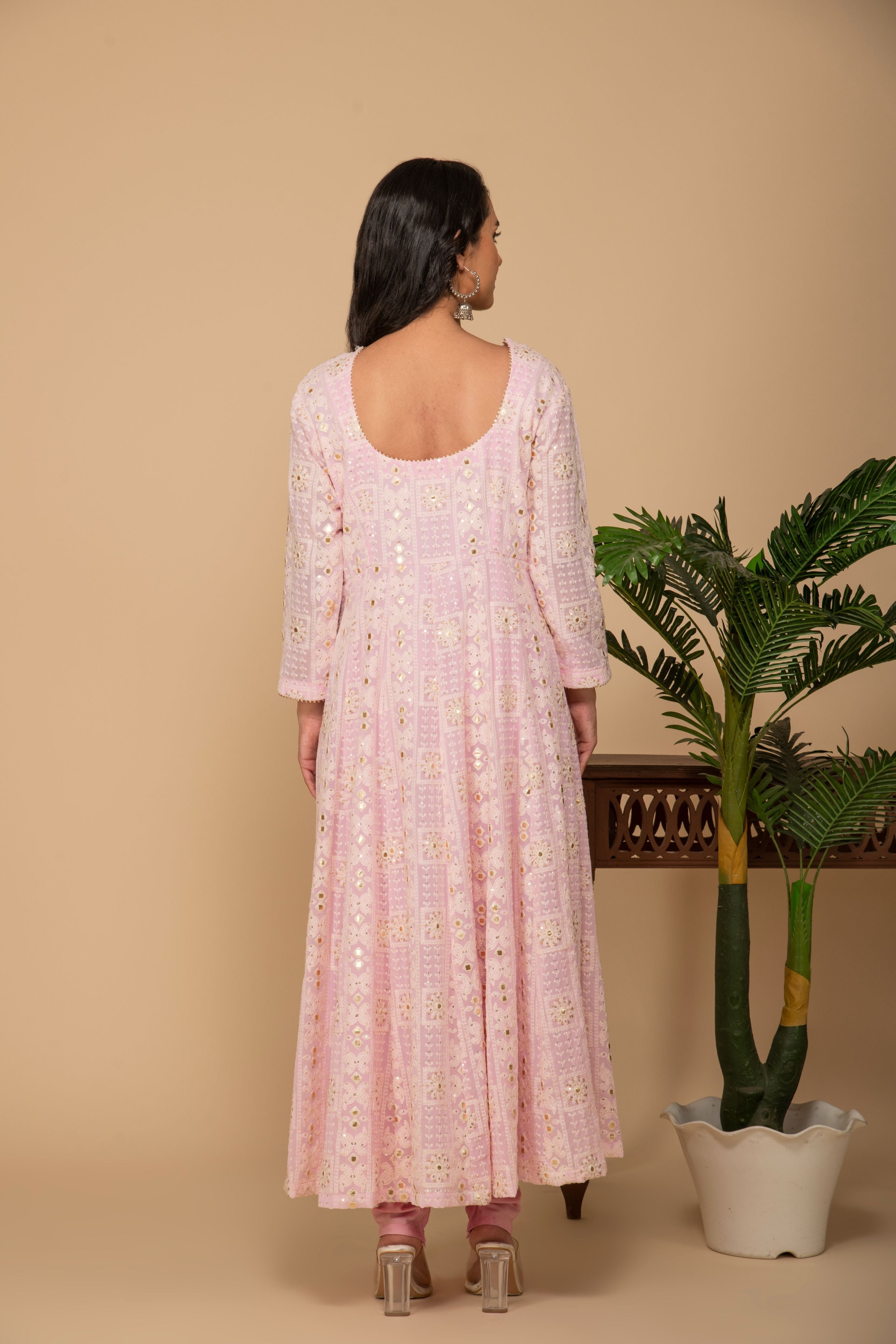 Pink georgette gota patti embroidered flared anarkali with bottom and net dupatta