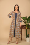 Brown printed kurta with brown printed bottom 3 piece suit set with buttis allover dupatta.
