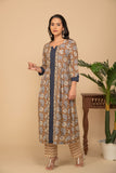 Brown printed kurta with brown printed bottom 3 piece suit set with buttis allover dupatta.