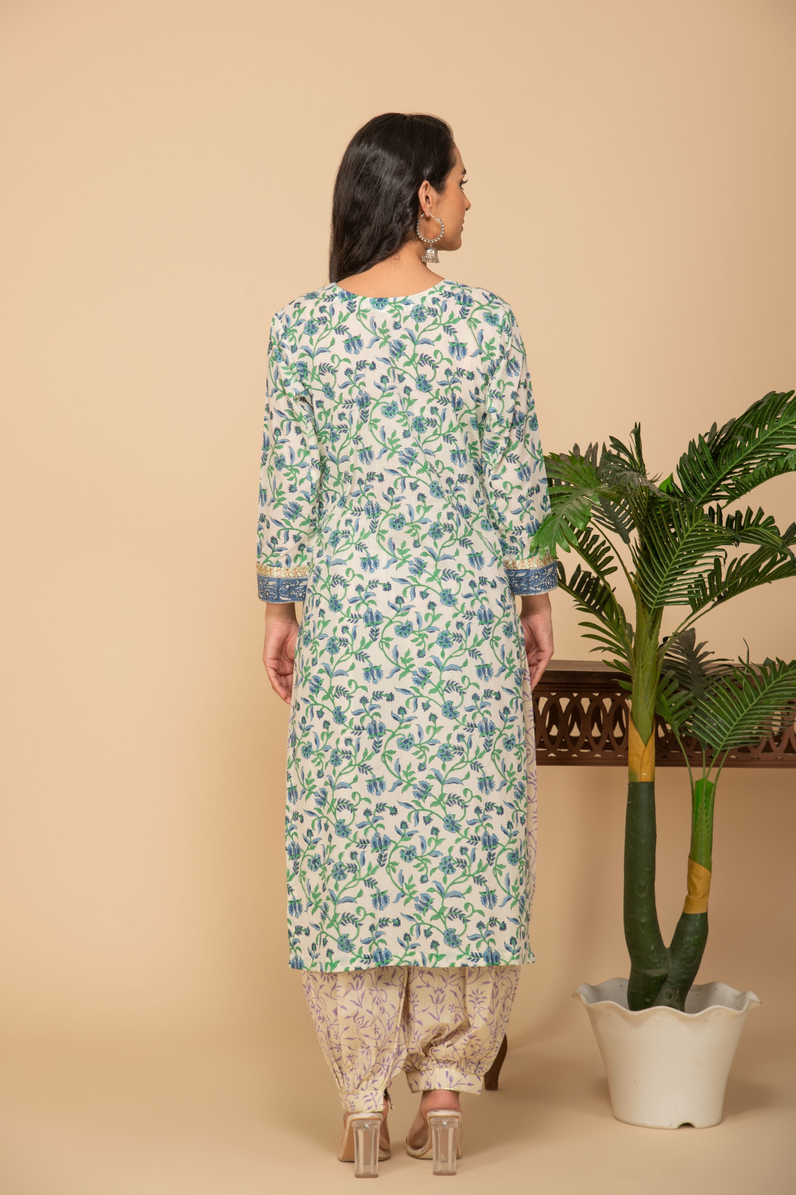 Blue floral printed kurta with white/green printed bottom 3 piece suit set with printed buttis all over dupatta.